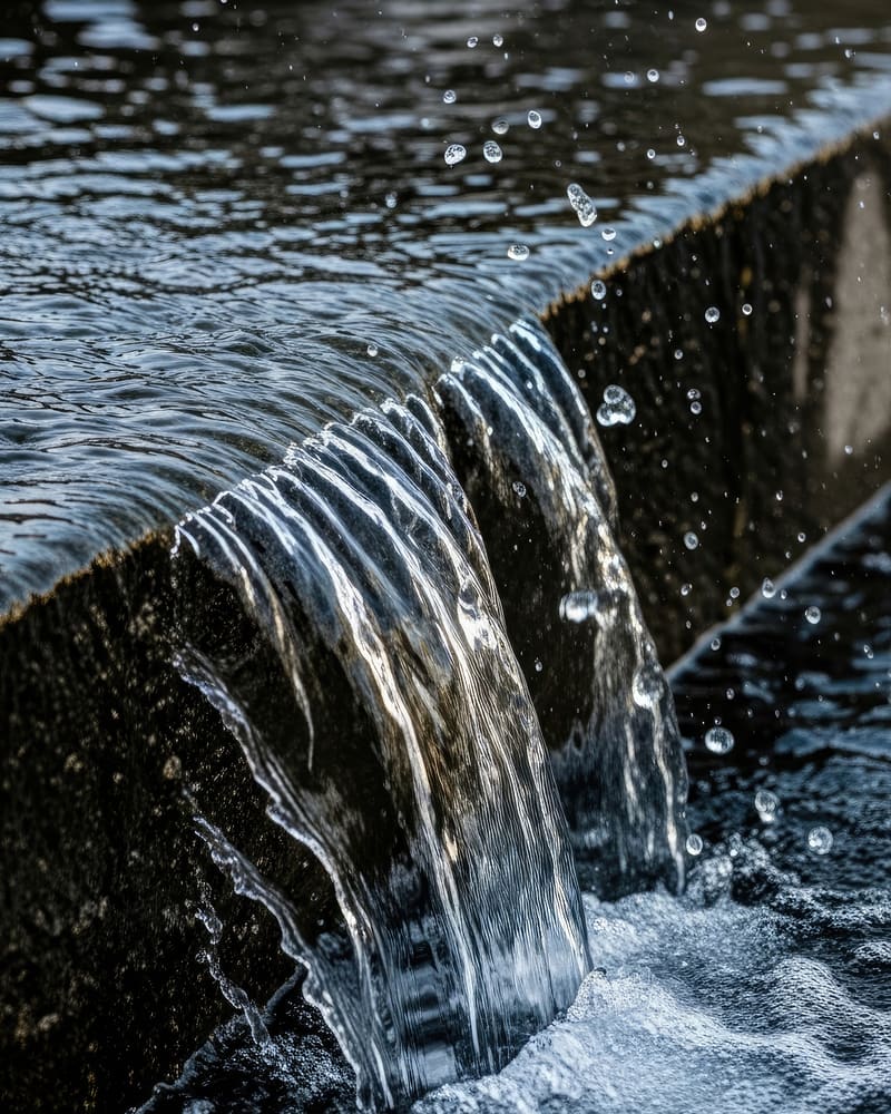 Water folding over the edge of a dark stone weir.
