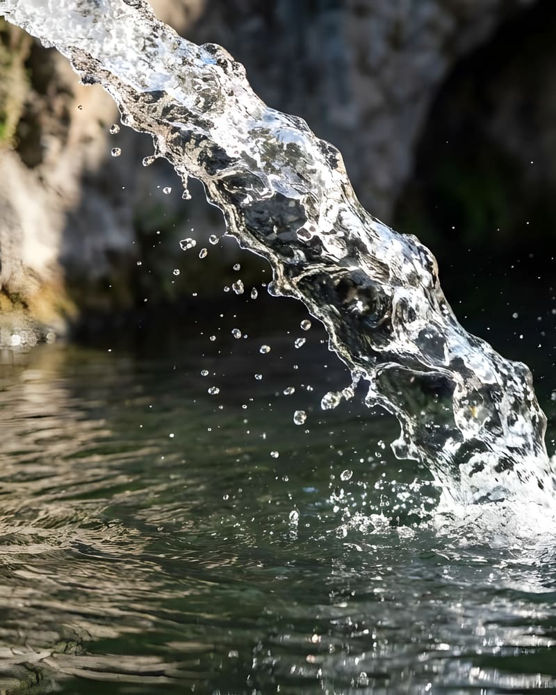 A clear stream pouring into a dark pool.
