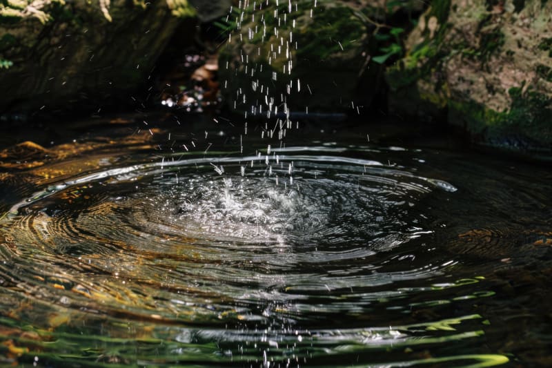 A small spring falls into a still pool, ripples spreading in rings from the source.